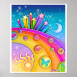 Poster Poster, Imprimés - Retro Pop Art Sixties Sky<br><div class="desc">Un art pop rétro des années soixante,  lumineux et coloré,  du matin au soir avec étoiles,  lune,  soleil et arc-en-ciel.</div>