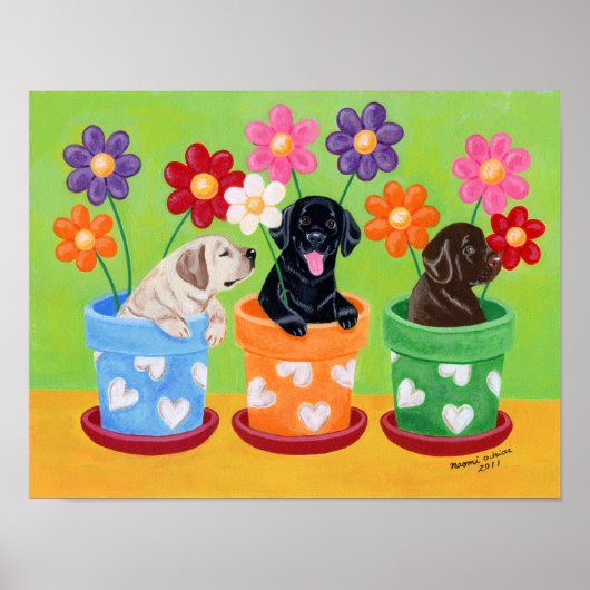 Poster Pot à fleurs Labrador Chiots Artwork (Devant)