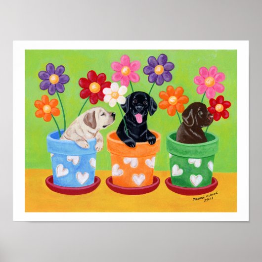 Poster Pot à fleurs Labrador Chiots Artwork (Devant)