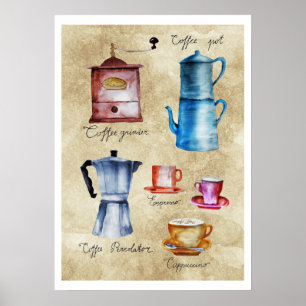 Poster Pots de café vintages Coupes de broyeur Aquarelle