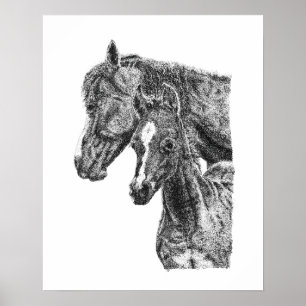 Poster Poulain Jument Pointillisme Cheval Poulain Équine