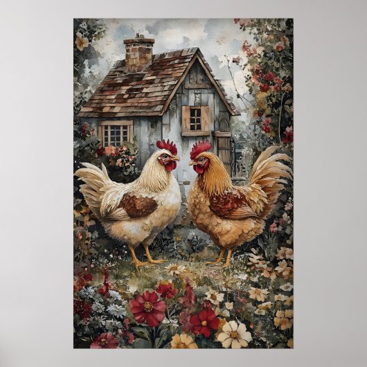 Poster Poule dans les fleurs imprimable, Pâques Cottageco (Devant)