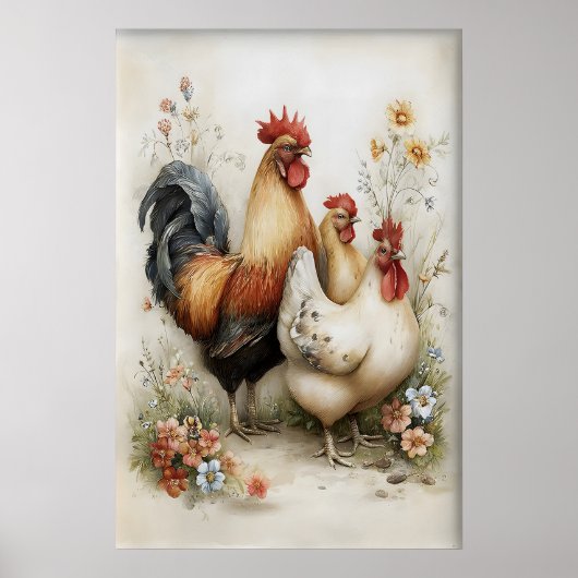Poster Poule de Pâques Coq Fleurs Imprimable, Vintage (Devant)