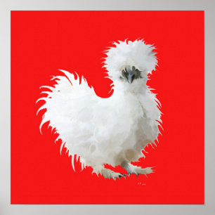 Poster Poule Soie sur Fond Rouge