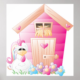 Poster Poulet Rose Coop Et Fleurs
