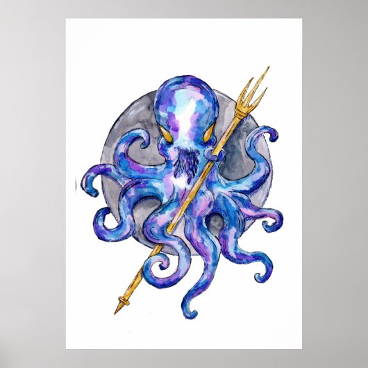 Poster Poulpe avec Trident Aquarelle (Devant)
