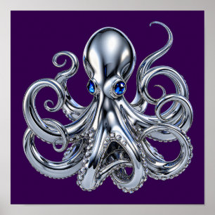 Poster Poulpe Chrome Gothique avec Yeux de Saphir Fantais