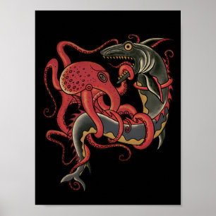 Poster poulpe combattant un requin