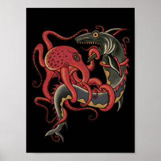 Poster poulpe combattant un requin