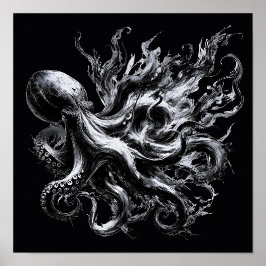 Poster Poulpe Kraken Fluide Encre Abstraite (Devant)
