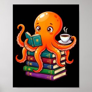 Poster Poulpe livre lecture amateur de café océan drôle 