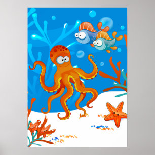 Poster Poulpe Mignon et Étoile de Mer pour Chambre d'Enfa