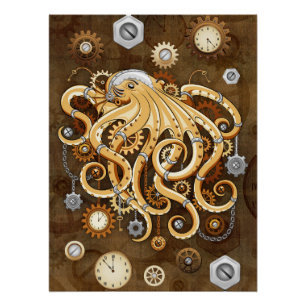 Poster Poulpe Steampunk Rétro Fantastique Mécanique