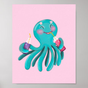 Poster Poulpe Turquoise Mignon Buvant du Jus Graphique