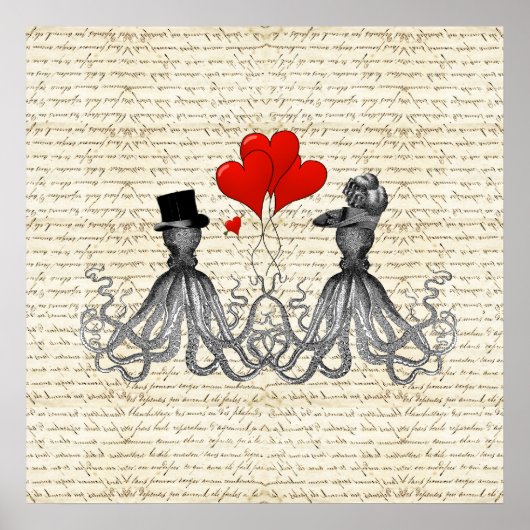 Poster poulpe vintage et coeurs (Devant)