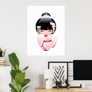 Poster Poupée blanche Kimono Kokeshi - mignonne Geisha Gi