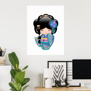 Poster Poupée de Keiko Kokeshi - fille de geisha bleue de