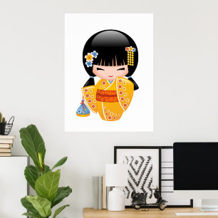 Poster Poupée d'été Kokeshi - Kimono Jaune Geisha Girl