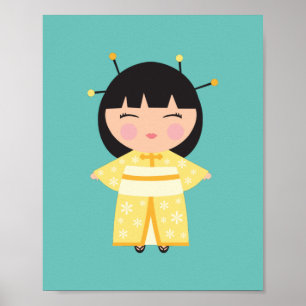 Poster Poupée japonaise de Kimono jaune