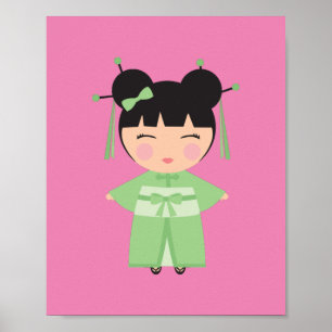 Poster Poupée japonaise en kimono vert