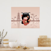 Poster Poupée Kitsune Kokeshi - jolie fille Black Fox (Cuisine)