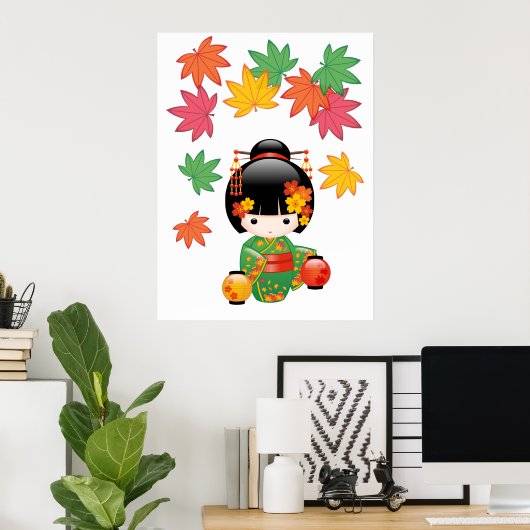 Poster Poupée Kokeshi d'automne - Fille Geisha en Kimono (Bureau à domicile)