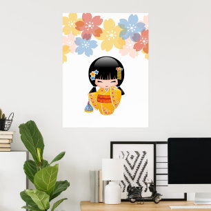 Poster Poupée Kokeshi d'été - Fille Geisha en Kimono Jaun