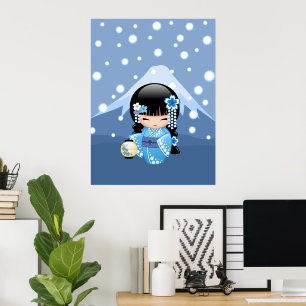 Poster Poupée Kokeshi d'hiver - Blue Mountain Geisha Girl