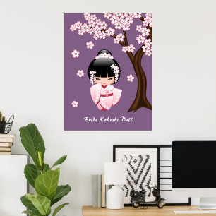Poster Poupée Kokeshi en Kimono Blanc - Jolie Fille Geish