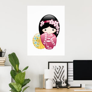 Poster Poupée Kokeshi Printemps - Cute Japonaise Geisha G