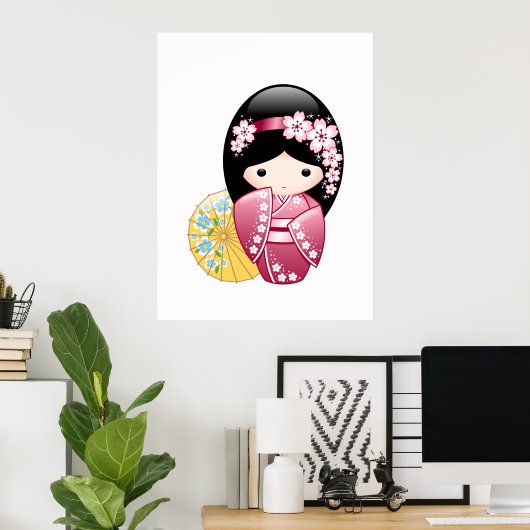 Poster Poupée Kokeshi Printemps - Cute Japonaise Geisha G (Bureau à domicile)