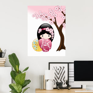 Poster Poupée Kokeshi Printemps - Cute Japonaise Geisha G