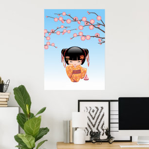 Poster Poupée Kokeshi Ume - Fille Geisha Japonaise Bleue
