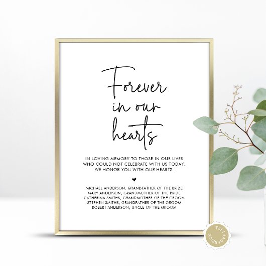 Poster Pour toujours dans nos coeurs, table commémorative