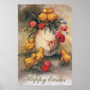 Poster Poussins de Pâques vintage avec fleurs de tulipes