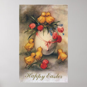 Poster Poussins de Pâques vintages aux fleurs de tulipes