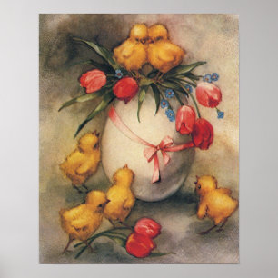 Poster Poussins de Pâques vintages aux fleurs de tulipes 