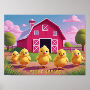 Poster Poussins joyeux de printemps dans la basse-cour