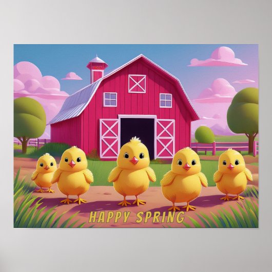Poster Poussins joyeux de printemps dans la basse-cour (Devant)