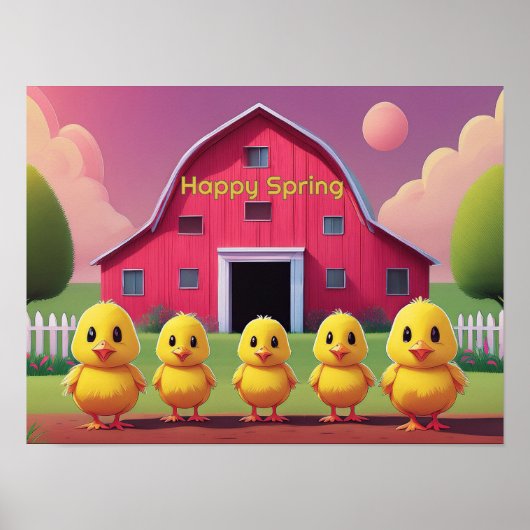 Poster Poussins joyeux de printemps dans la basse-cour (Devant)