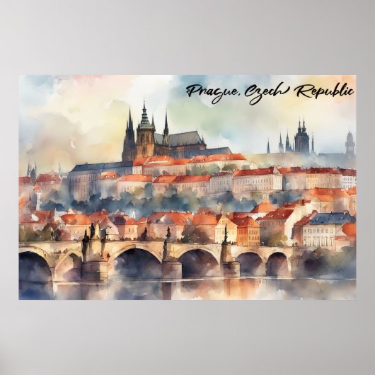 Poster Prague Czech Republic Watercolor Panorama View (Devant)