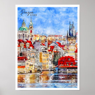 Poster Prague tchèque vintage voyage aquarelle