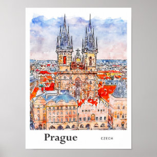 Poster Prague Tchèque Voyage Aquarelle main tirée