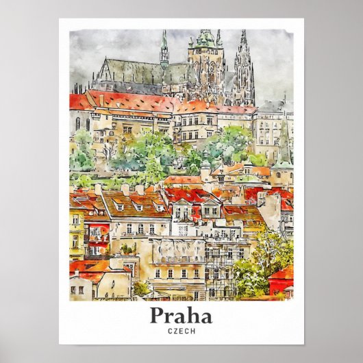 Poster Praha Tchèque Art Voyage Aquarelle main tirée (Devant)