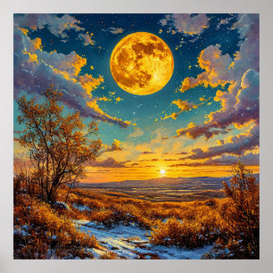 Poster 🌕 Prairie Arbre Coucher de Lune Dorée Naturelleme