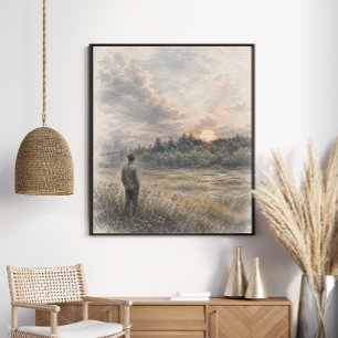Poster Prairie de coucher de soleil Nature boisée graph