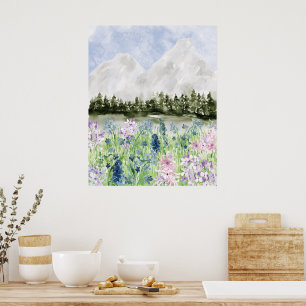 Poster Prairie de fleurs bleues violettes à l'aquarelle s