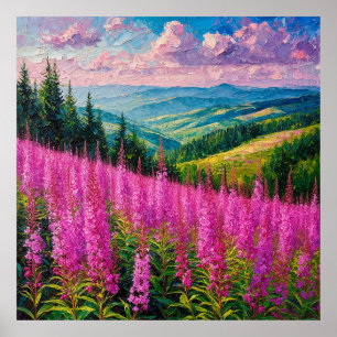 Poster Prairie de fleurs sauvages avec paysage montagneux