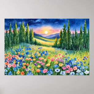 Poster Prairie de fleurs sauvages étoilée à l'aube