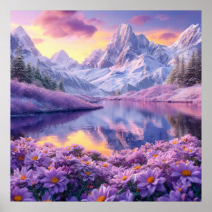 Poster Prairie de fleurs violettes Lac alpin Coucher de s